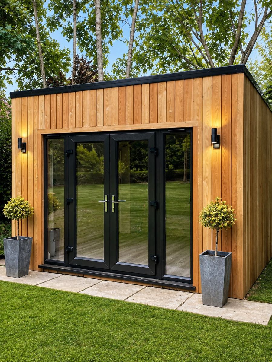Bespoke cedar-clad garden room with black-framed glazing set in a leafy garden
